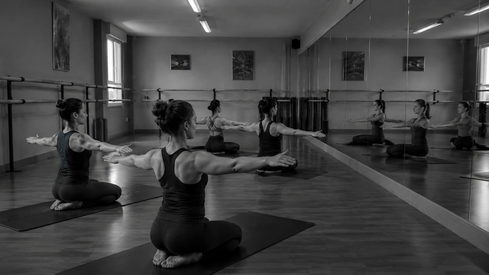 Grupo reducido de Barre & Motion en Alameda Studio, realizando un ejercicio de suelo frente al espejo en una sala amplia, con barras de ballet y fotografía en blanco y negro.