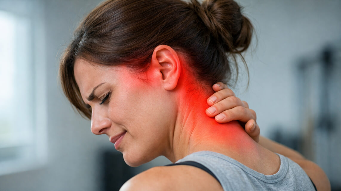 Mujer con dolor de cabeza y tensión cervical en la nuca y los hombros